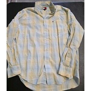 Tommy Hilfiger Shirt Mens M Yellow White Plaid Long Sleeve Button Up Collared